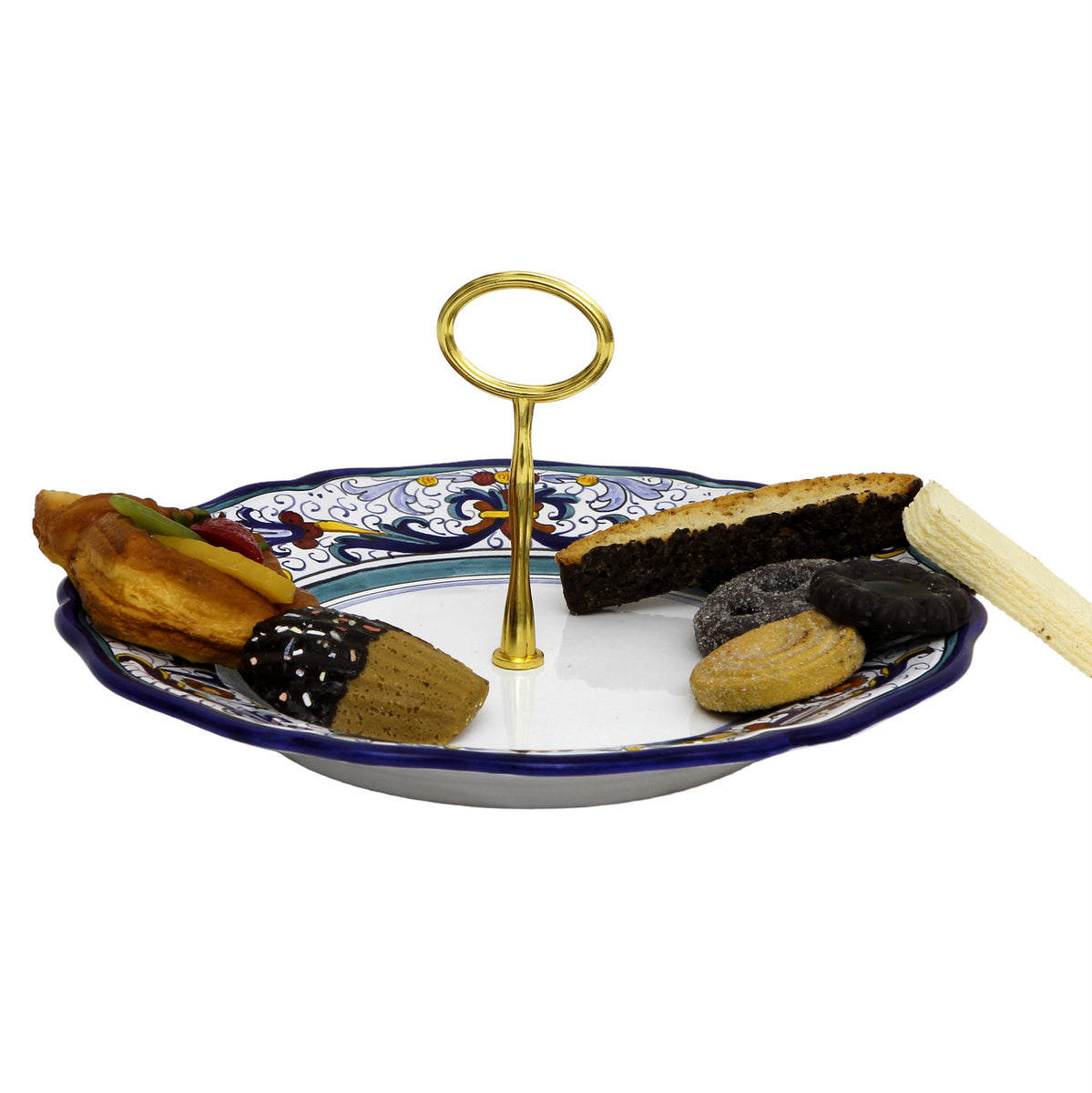 VECCHIA DERUTA: Tid Bit Server Plate with Golden or Chrome Oval Metal Handle - artisticaitalian.com