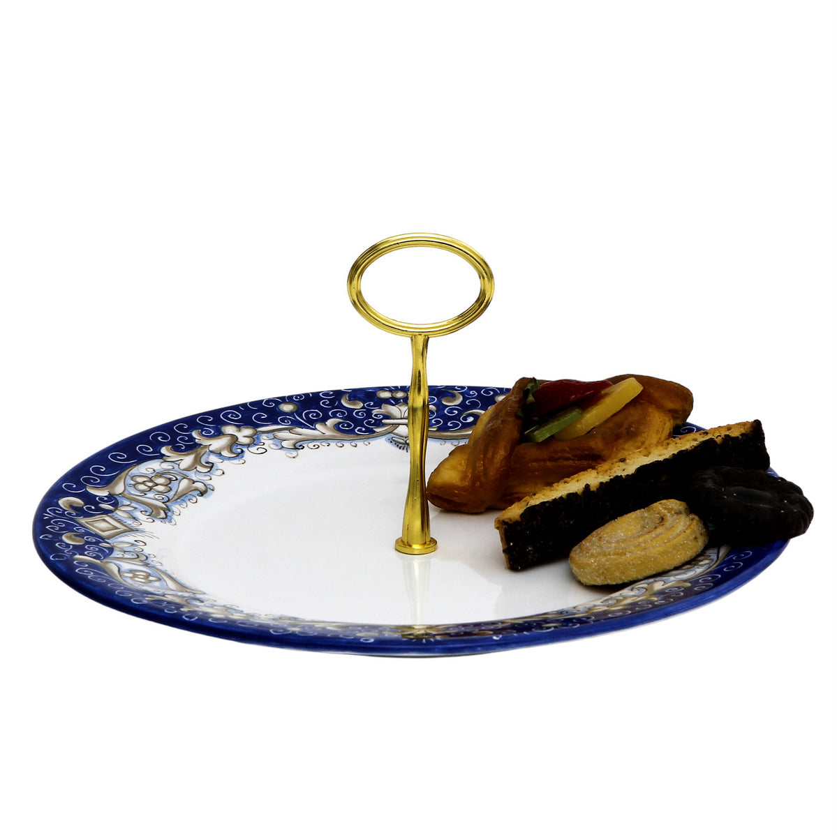 DERUTA COLORI: Tid Bit Server Plate BLUE GENZIANA with Golden or Chrome Oval Metal Handle - artisticaitalian.com