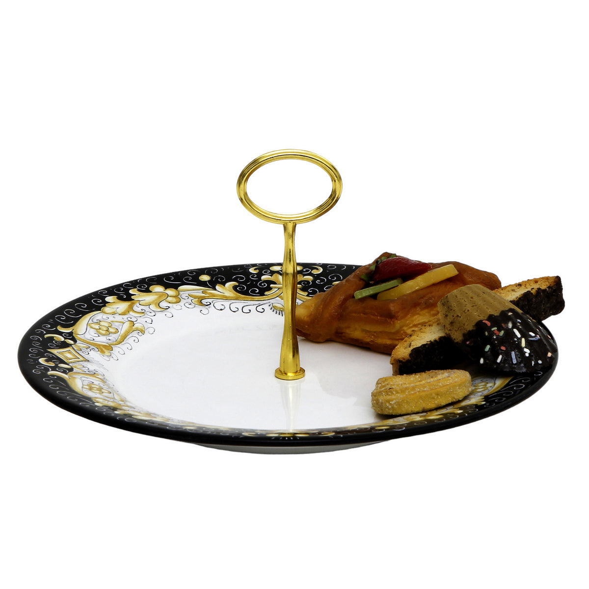 DERUTA COLORI: Tid Bit Server Plate BLACK/GOLD with Golden or Chrome Oval Metal Handle - artisticaitalian.com