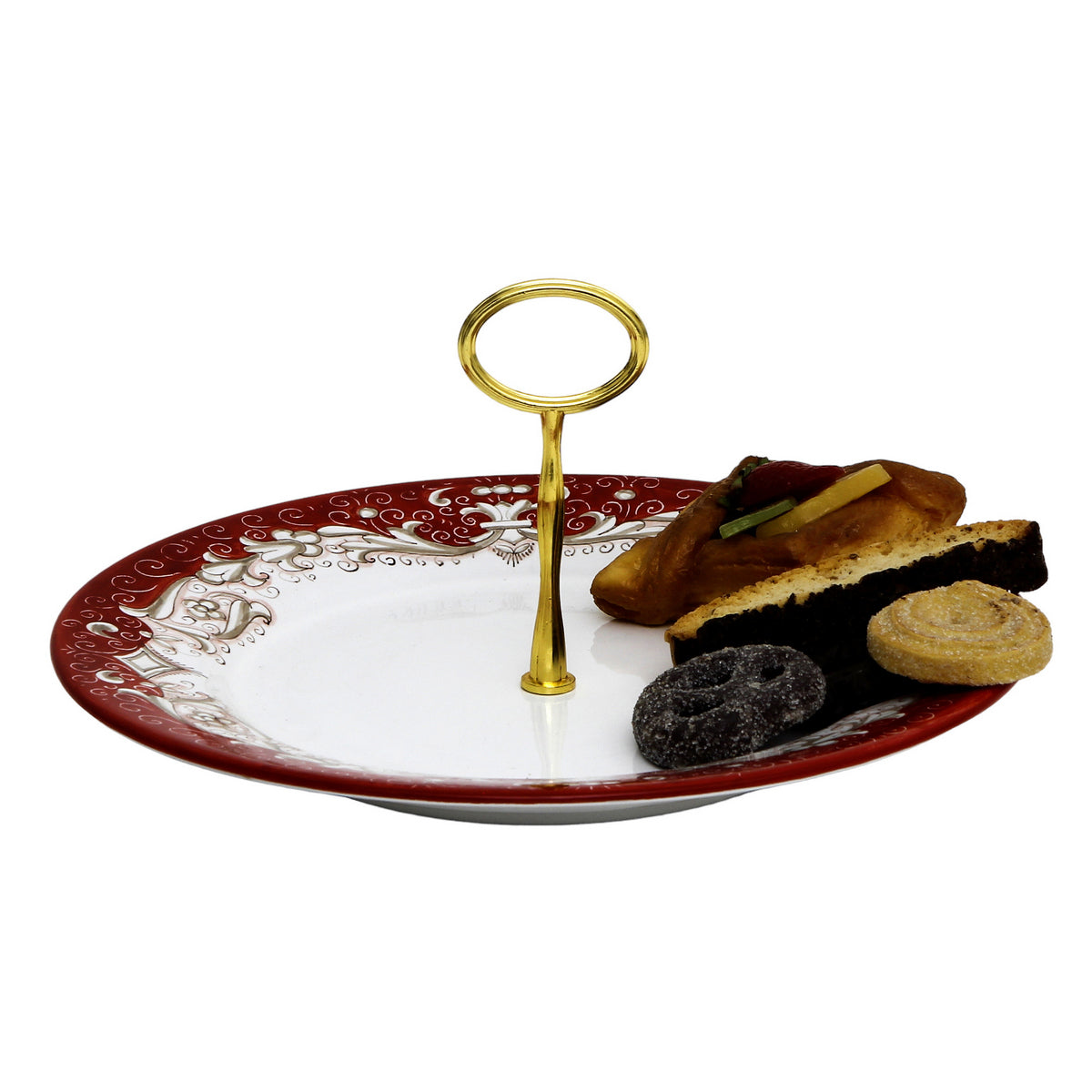 DERUTA COLORI: Tid Bit Server Plate RED with Golden or Chrome Oval Metal Handle - artisticaitalian.com