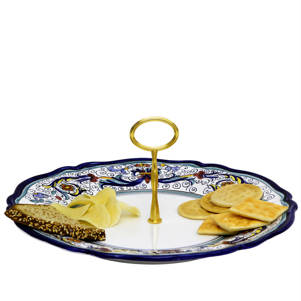 VECCHIA DERUTA: Tid Bit Server Charger Plate with Golden or Chrome Oval Metal Handle - artisticaitalian.com