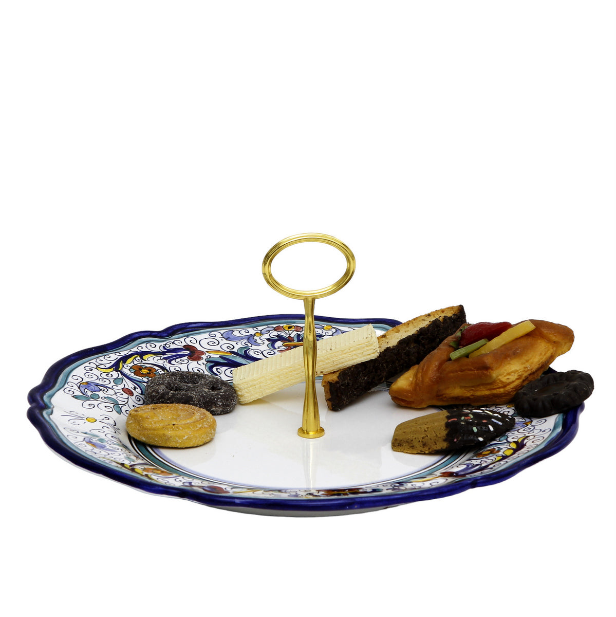 VECCHIA DERUTA: Tid Bit Server Charger Plate with Golden or Chrome Oval Metal Handle - artisticaitalian.com