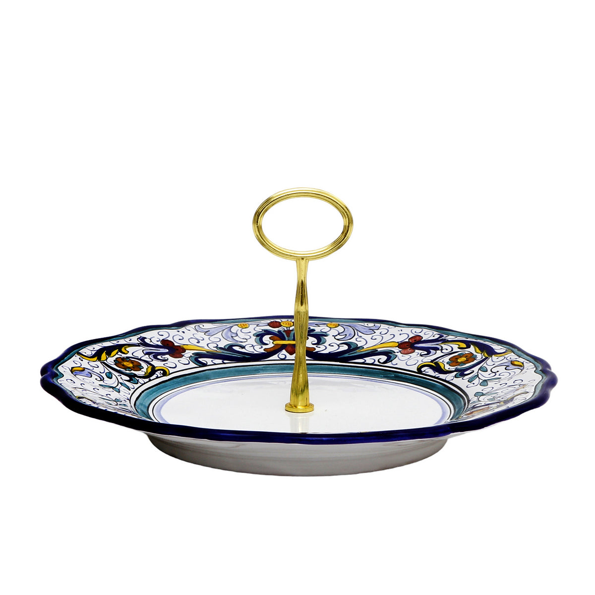 VECCHIA DERUTA: Tid Bit Server Charger Plate with Golden or Chrome Oval Metal Handle - artisticaitalian.com