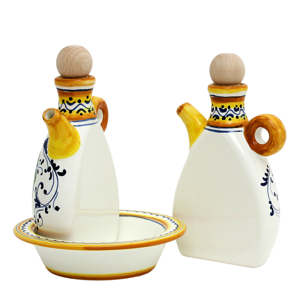 GIFT BOX: With authentic Deruta hand painted ceramic - LIMONCINI: 'THE BETTER HALF' OIL AND VINEGAR SET WITH TRAY/SAUCER