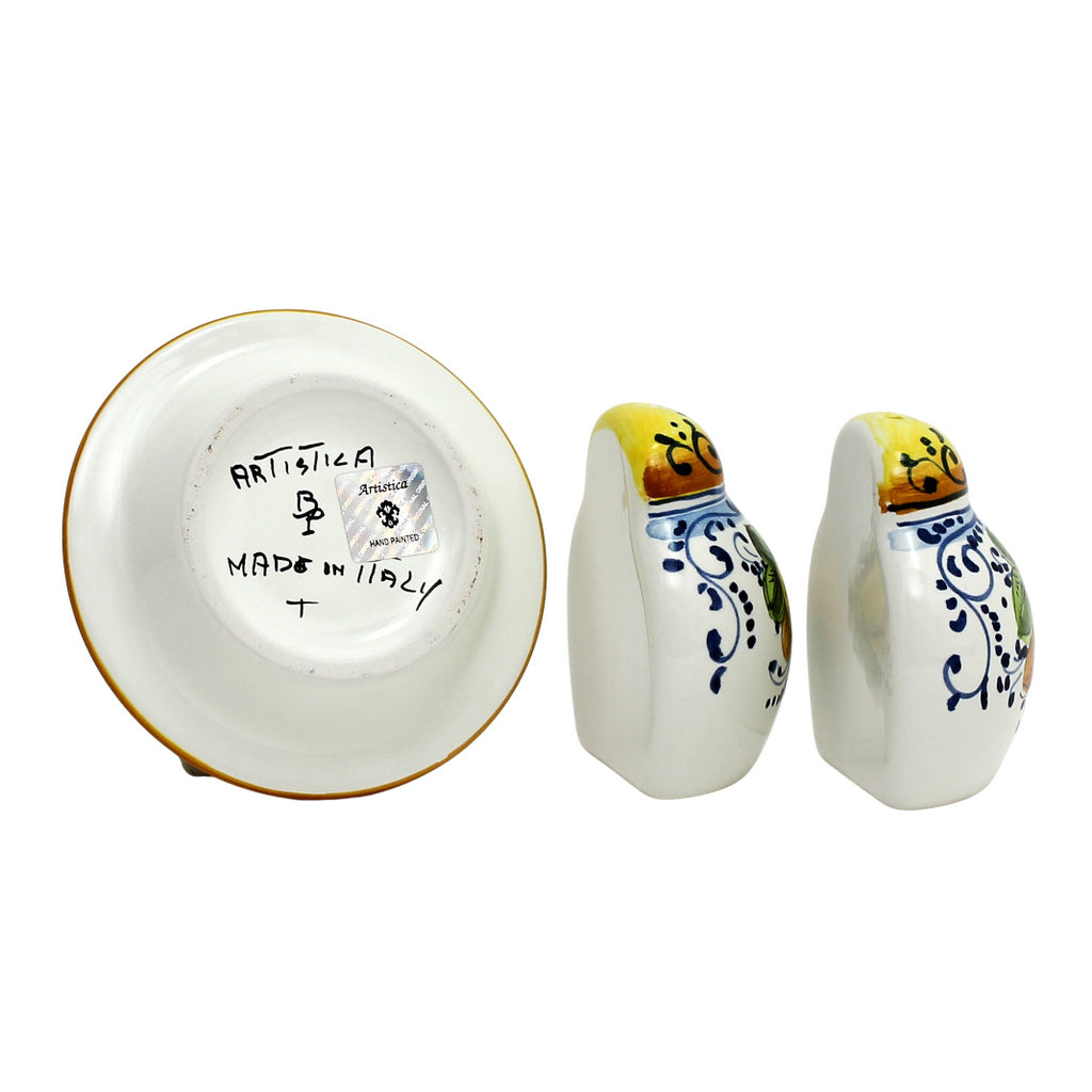 GIFT BOX: With authentic Deruta hand painted ceramic - LIMONCINI: 'THE BETTER HALF' SALT AND PEPPER SET WITH TRAY/SAUCER