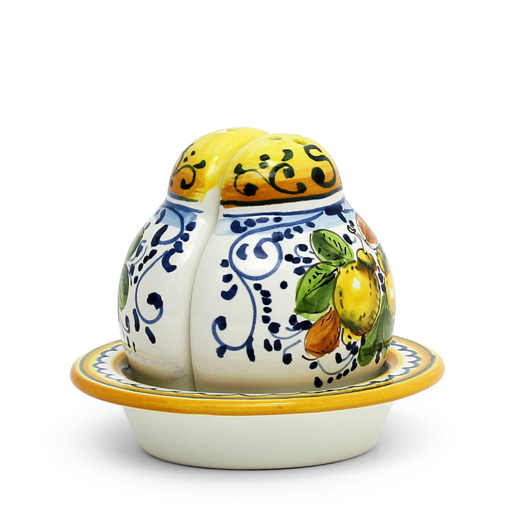 GIFT BOX: With authentic Deruta hand painted ceramic - LIMONCINI: 'THE BETTER HALF' SALT AND PEPPER SET WITH TRAY/SAUCER