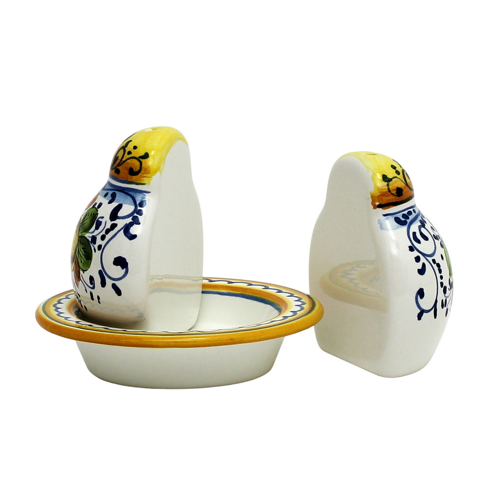 GIFT BOX: With authentic Deruta hand painted ceramic - LIMONCINI: 'THE BETTER HALF' SALT AND PEPPER SET WITH TRAY/SAUCER