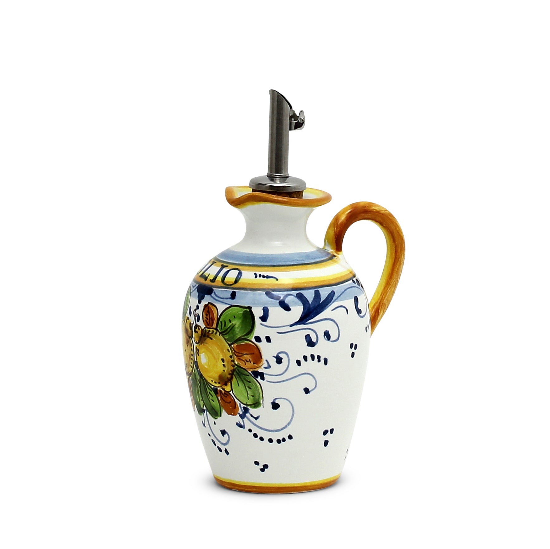 GIFT BOX: With authentic Deruta hand painted ceramic - LIMONCINI: SMALL OLIVE OIL BOTTLE DISPENSER WITH HANDLE