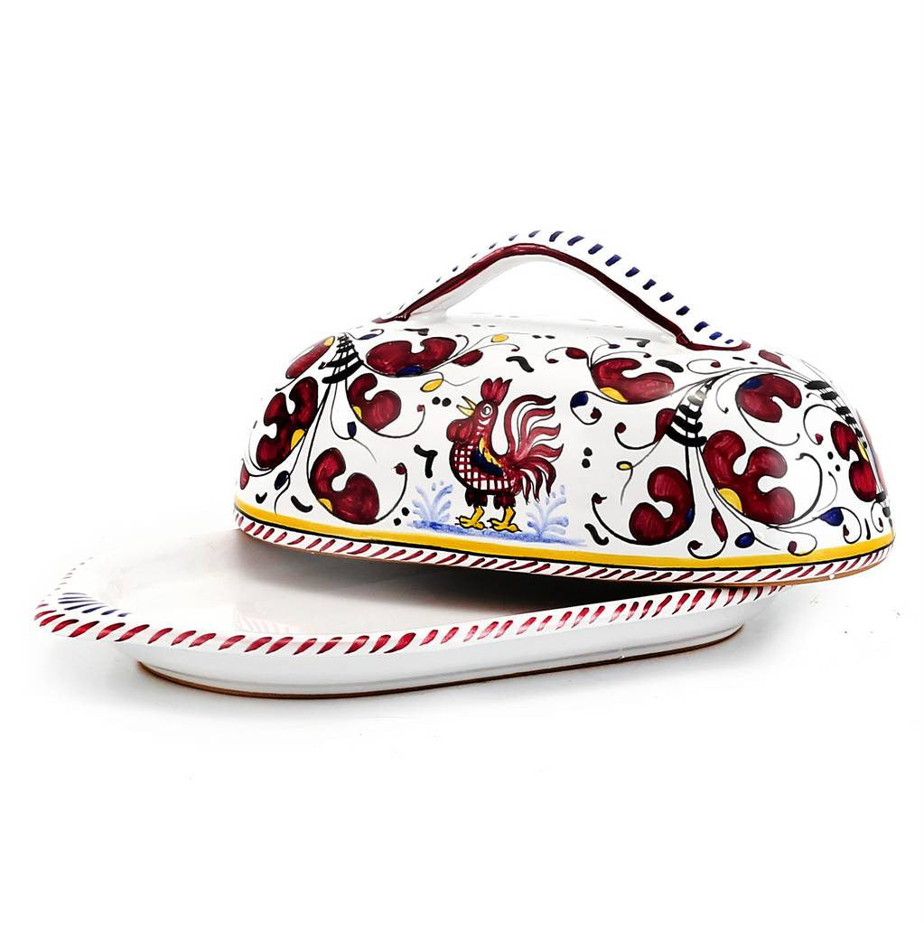 GIFT BOX: With authentic Deruta hand painted ceramic - Butter Dish with cover Red Rooster Design