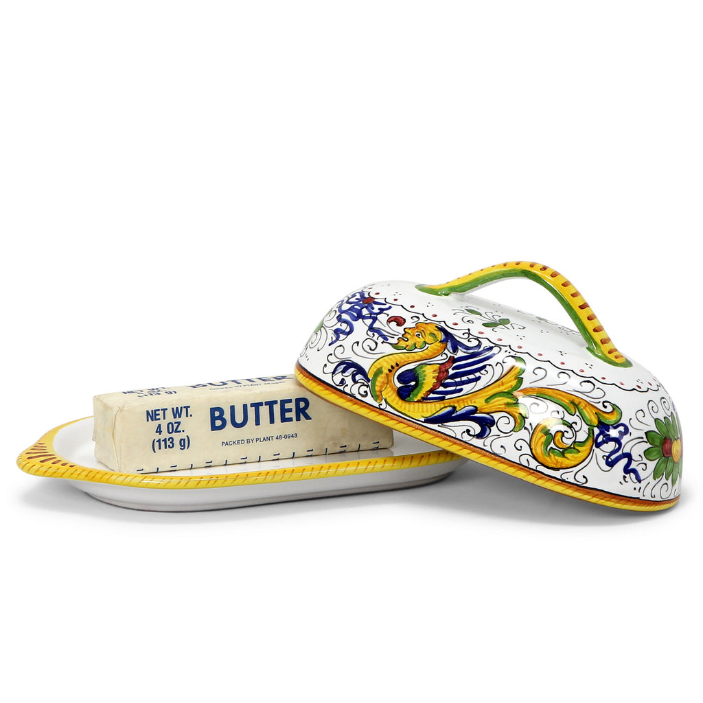 GIFT BOX: With authentic Deruta hand painted ceramic - Butter Dish with cover Raffaellesco Design