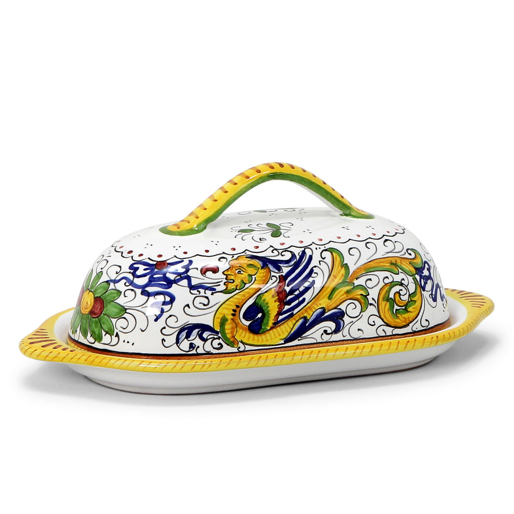 GIFT BOX: With authentic Deruta hand painted ceramic - Butter Dish with cover Raffaellesco Design