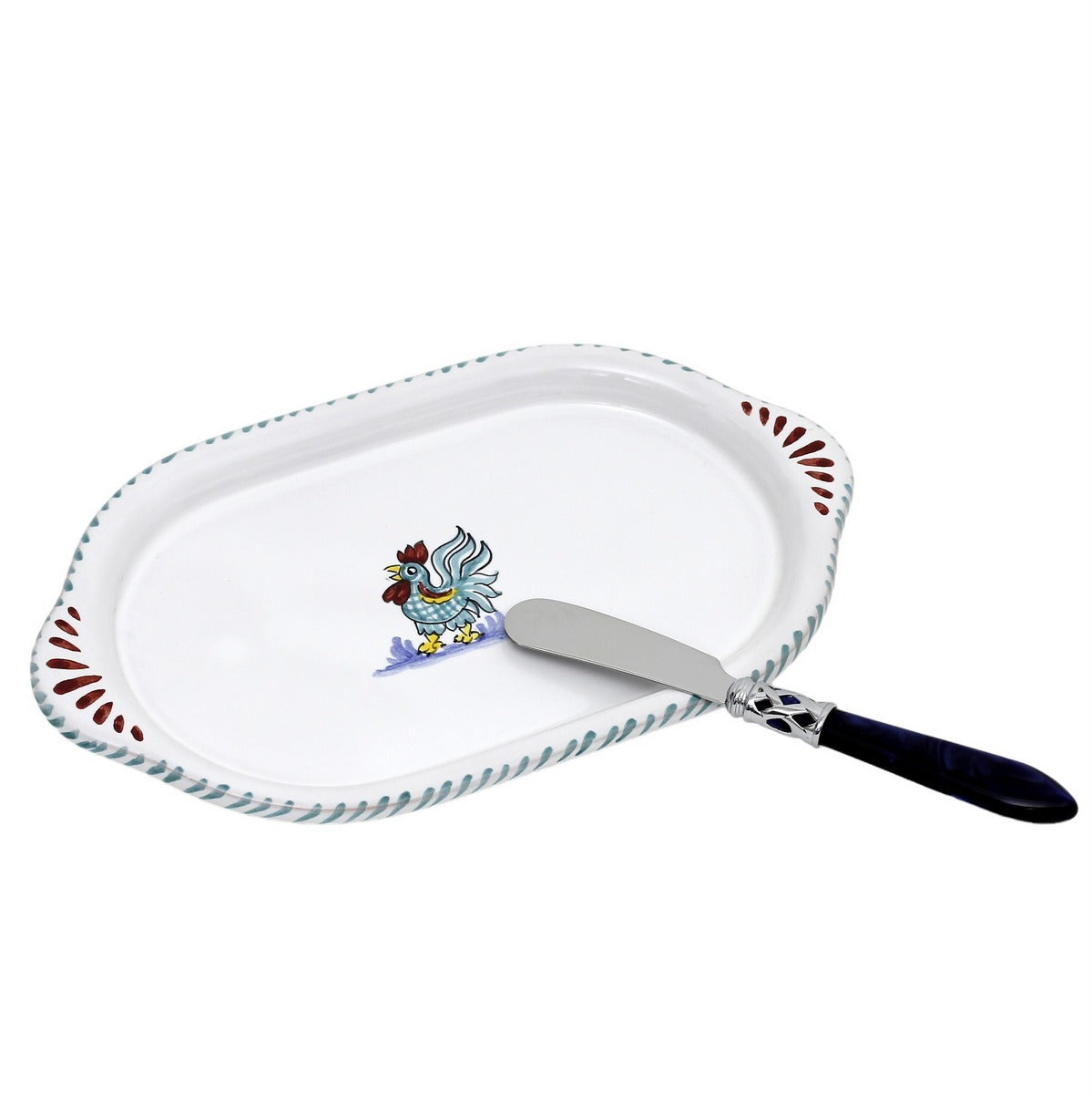 ORVIETO GREEN ROOSTER: Oval Butter Tray + Spreader - Bundle Set