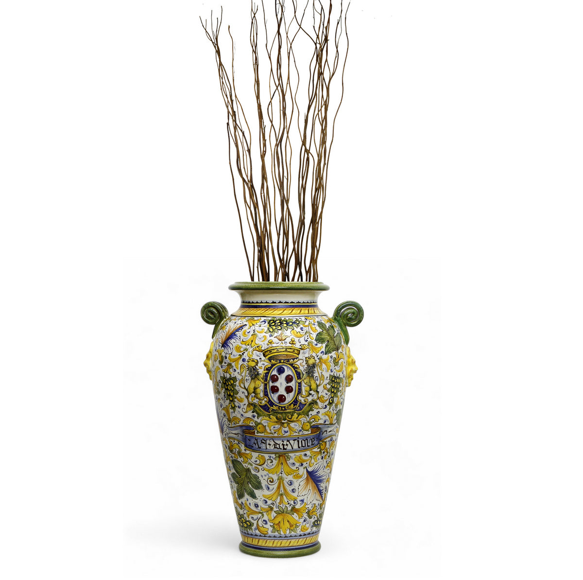 MAJOLICA CAFFAGIOLO: Masterpiece Tall Anphorae Urn double handled with lion heads.