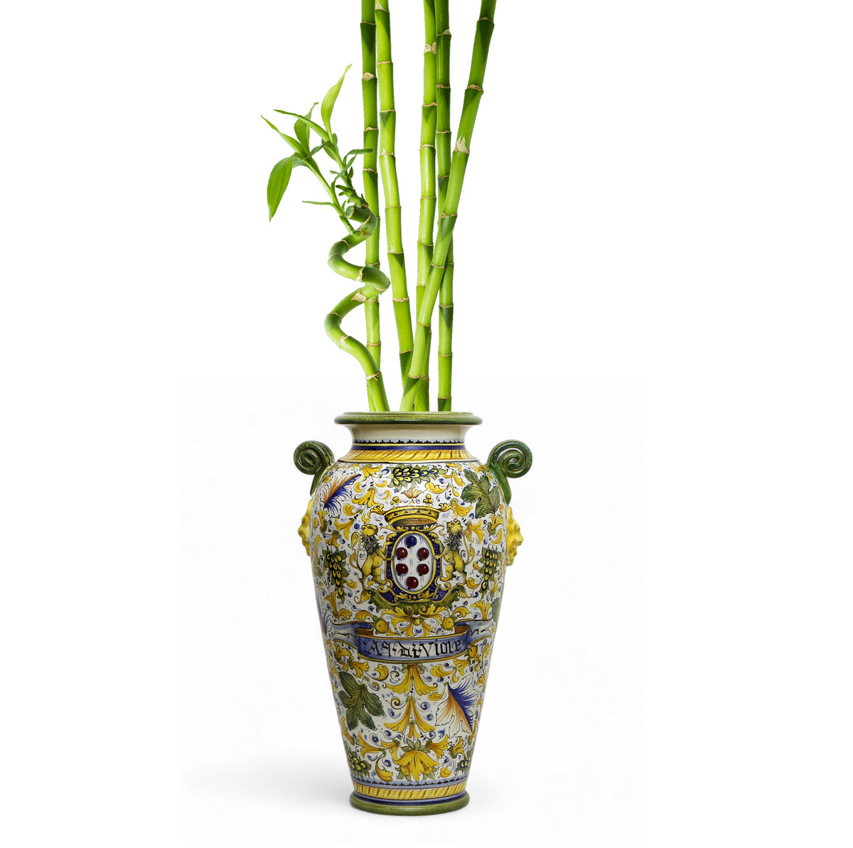 MAJOLICA CAFFAGIOLO: Masterpiece Tall Anphorae Urn double handled with lion heads.