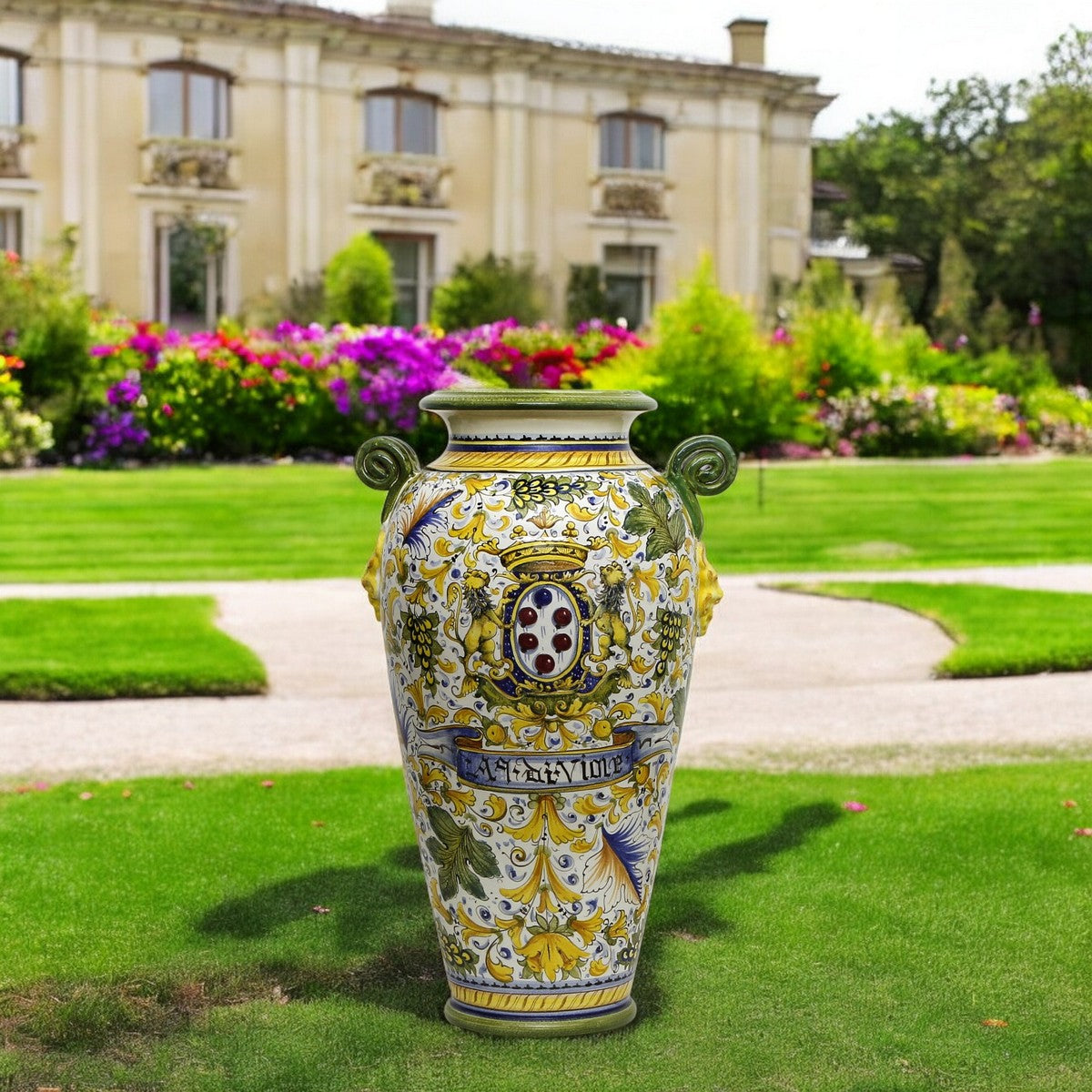 MAJOLICA CAFFAGIOLO: Masterpiece Tall Anphorae Urn double handled with lion heads.