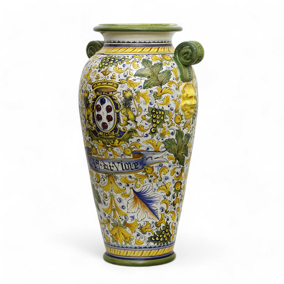 MAJOLICA CAFFAGIOLO: Masterpiece Tall Anphorae Urn double handled with lion heads.