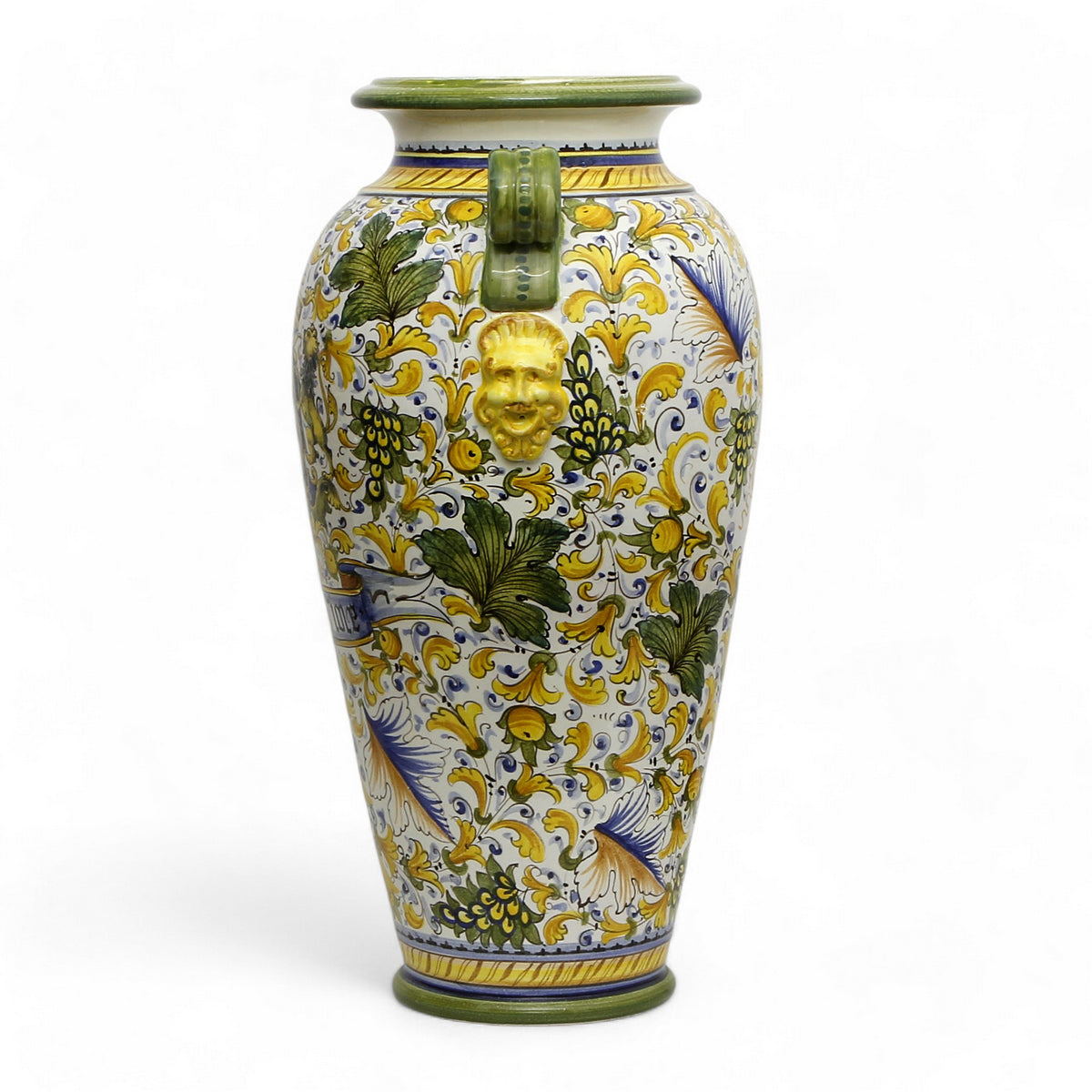 MAJOLICA CAFFAGIOLO: Masterpiece Tall Anphorae Urn double handled with lion heads.