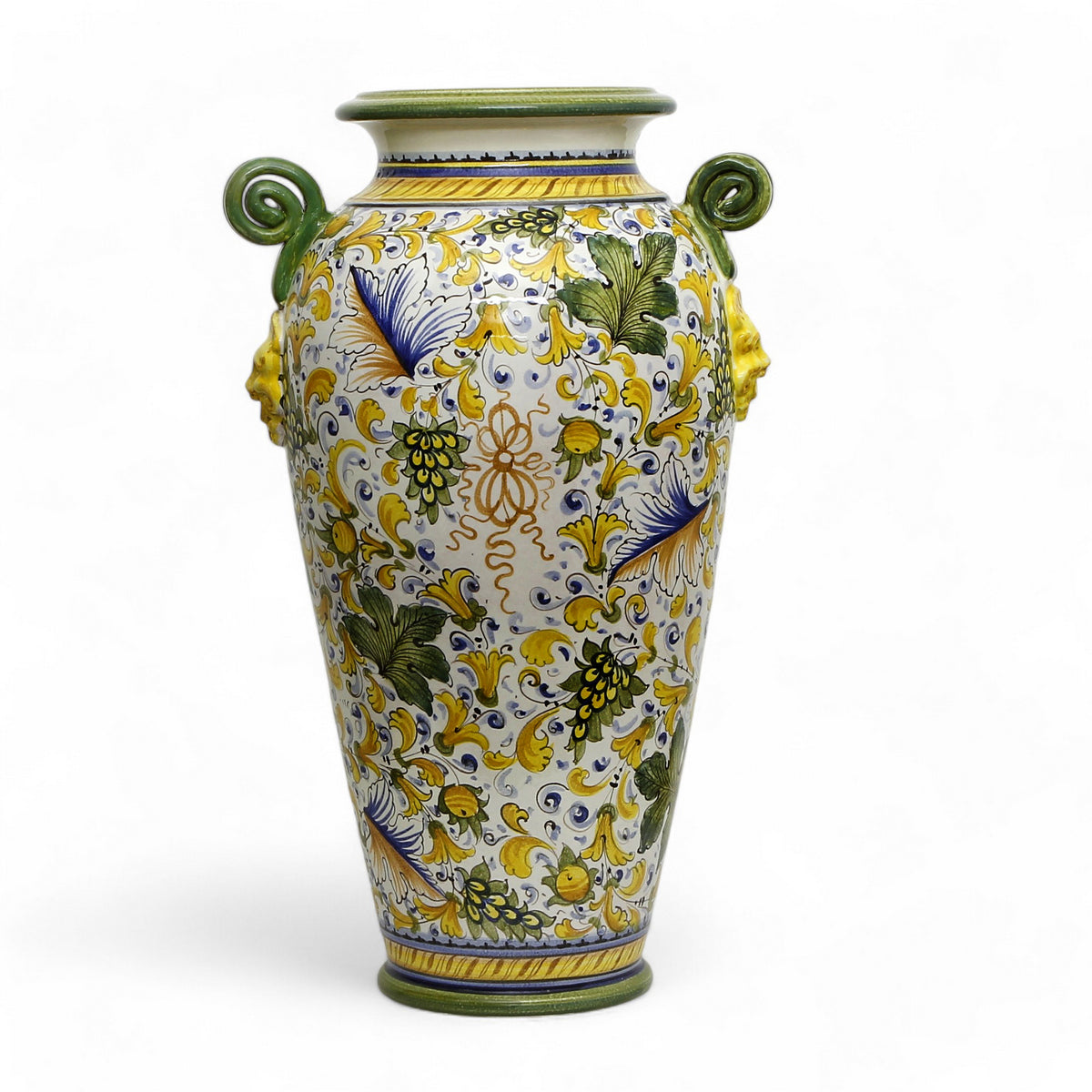 MAJOLICA CAFFAGIOLO: Masterpiece Tall Anphorae Urn double handled with lion heads.