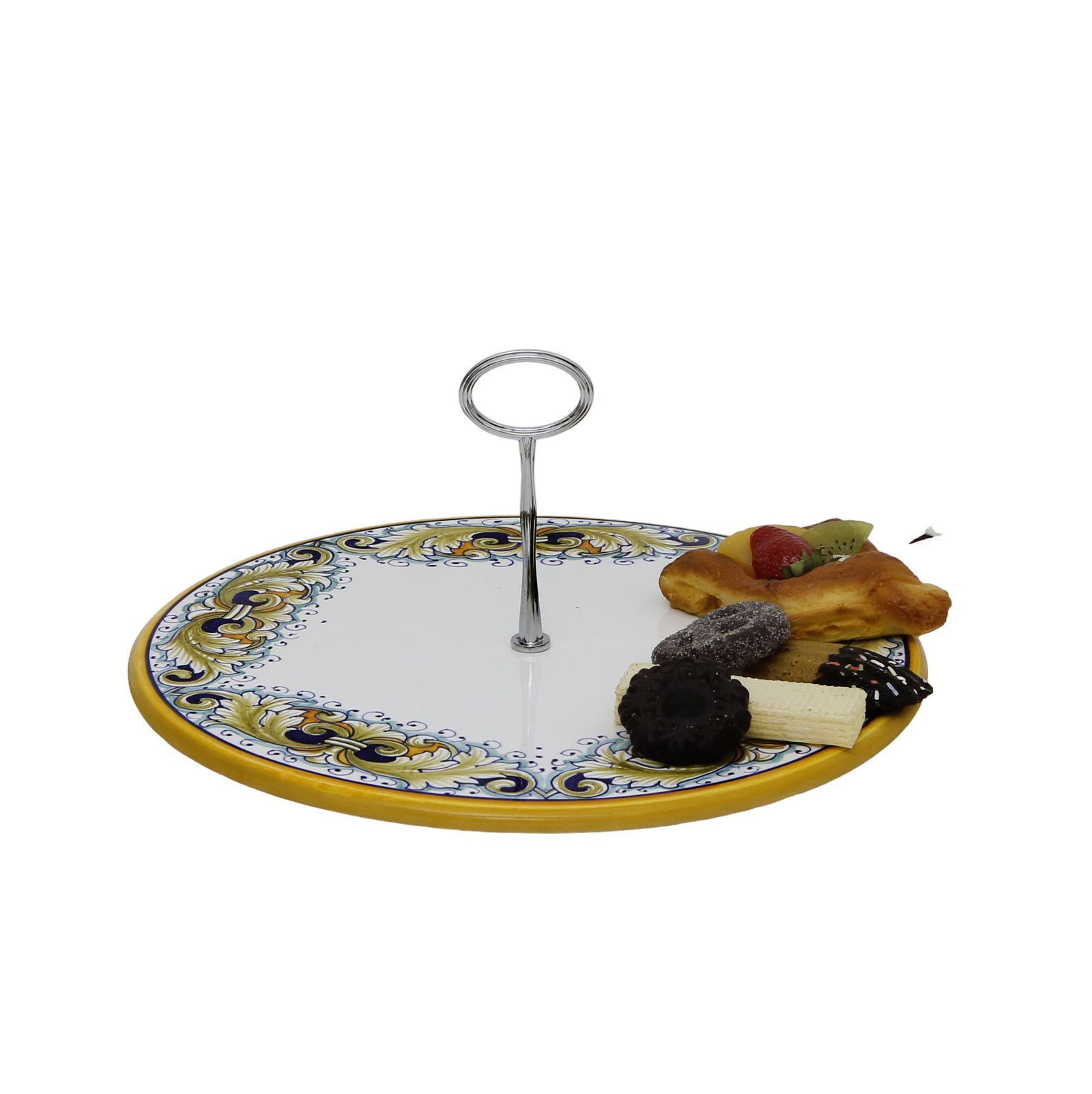 DERUTA FOGLIE VARIO: Tid Bit Server Plate Flat with Golden or Chrome Oval Metal Handle - artisticaitalian.com