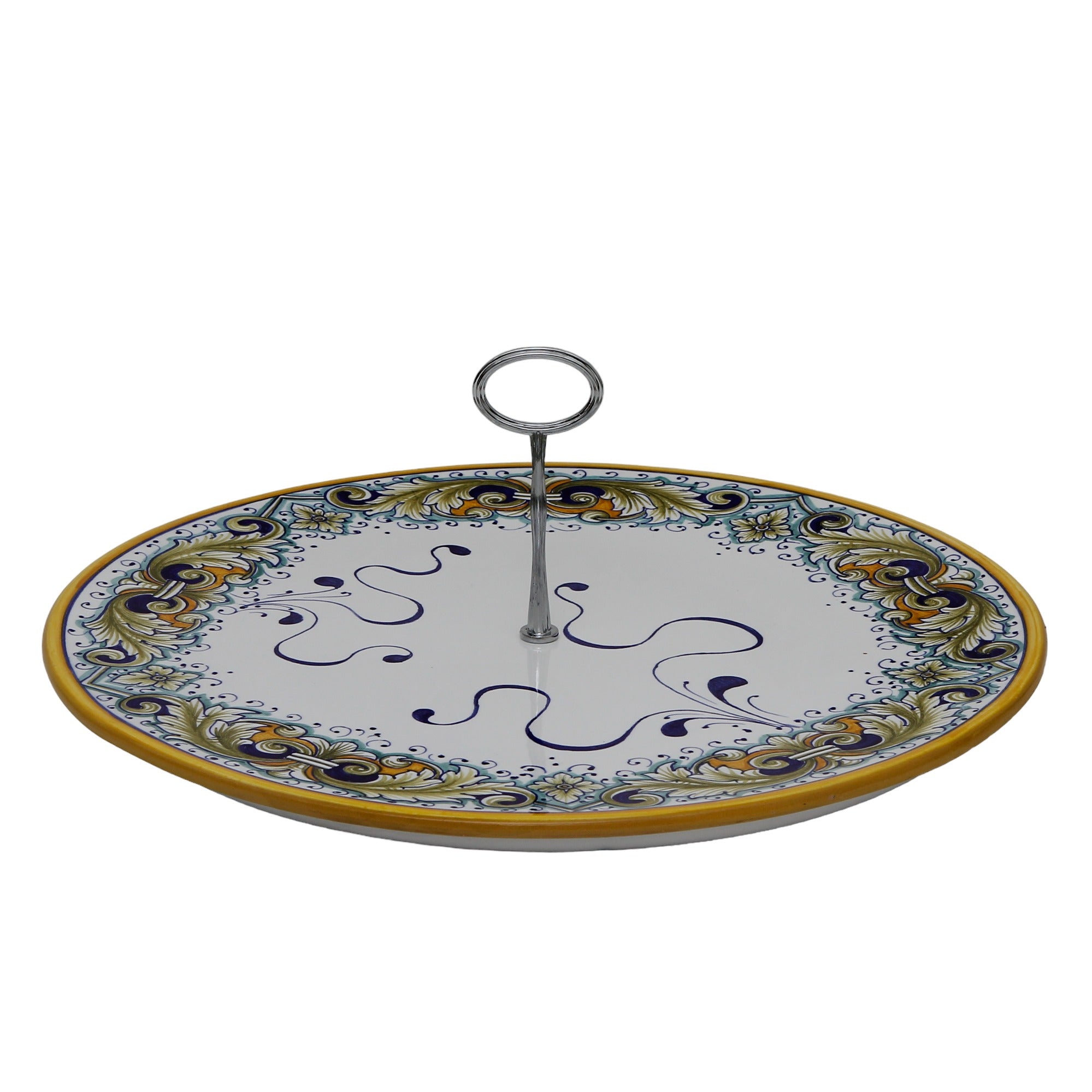 DERUTA VARIO FOGLIE: Large Tid Bit Server Plate Flat with Golden or Chrome Oval Metal Handle - artisticaitalian.com