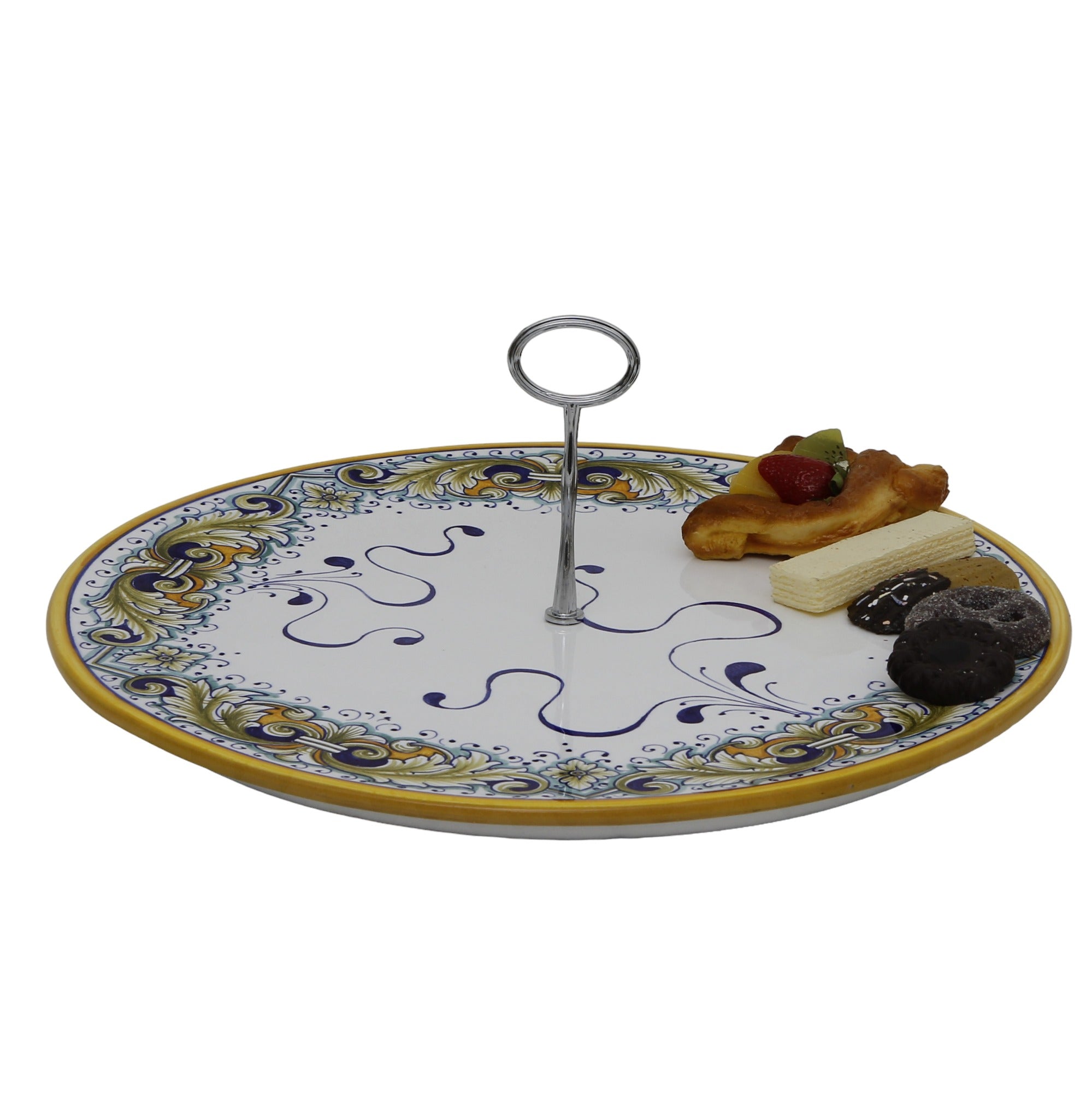 DERUTA VARIO FOGLIE: Large Tid Bit Server Plate Flat with Golden or Chrome Oval Metal Handle - artisticaitalian.com