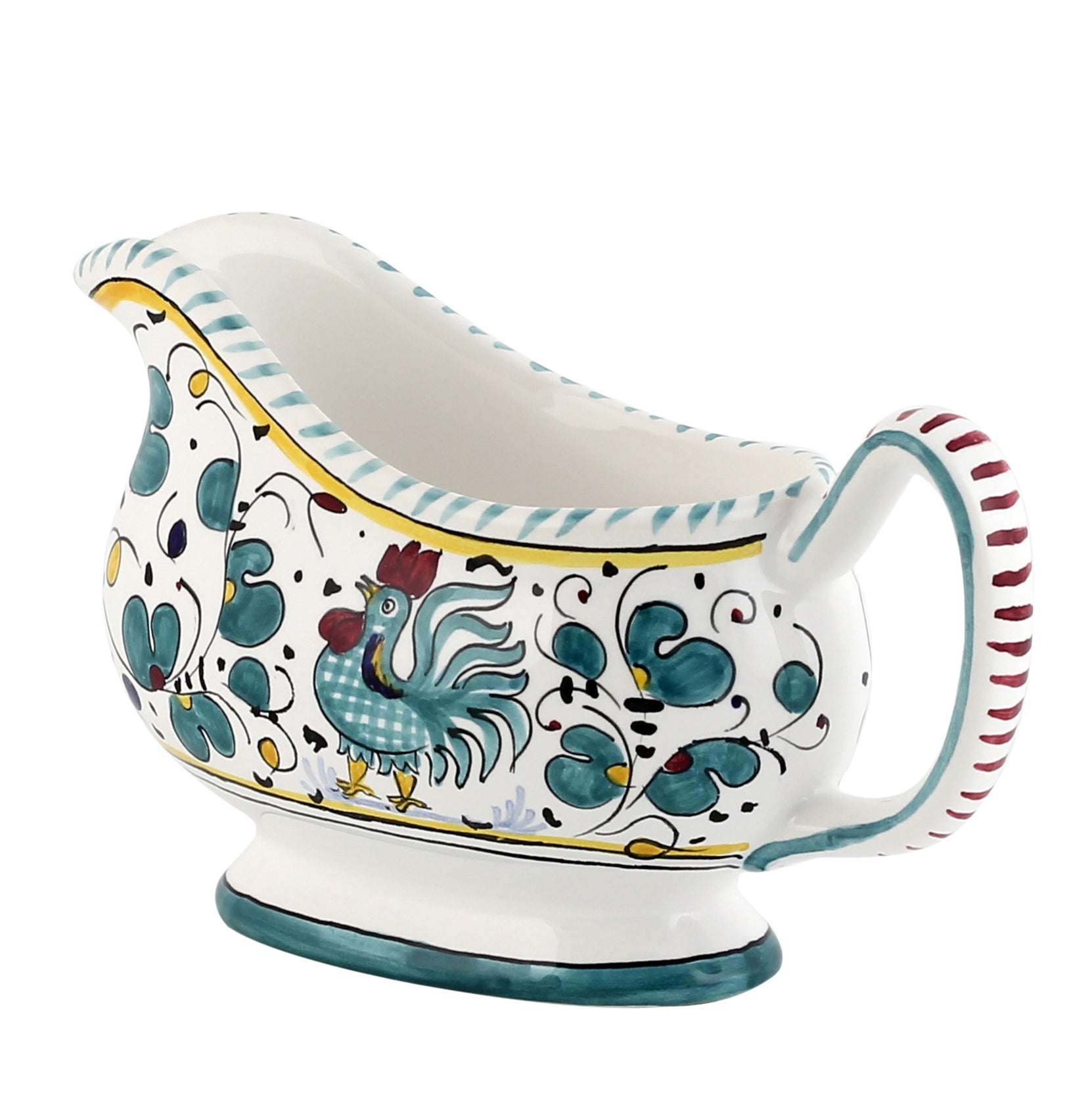 GIFT BOX: With authentic Deruta hand painted ceramic - Gravy Sauce Boat Green Rooster Design