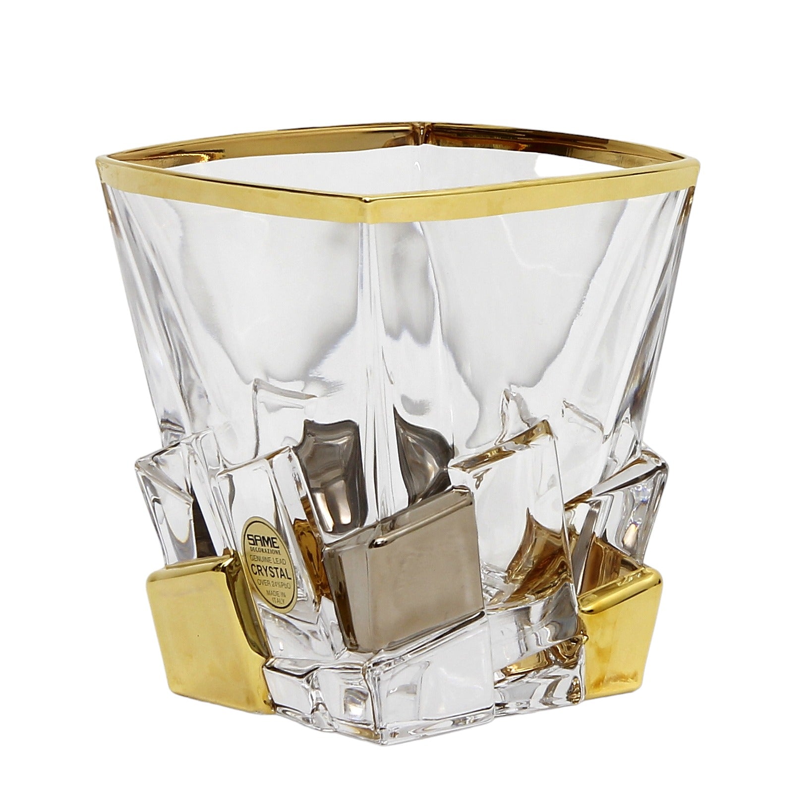 CRYSTAL GLASS: Exquisite Italian Crystal Square Glass for Whiskey/Old Fashion featuring a 24 Carat Gold Rim and Gold/Platinum Accents.