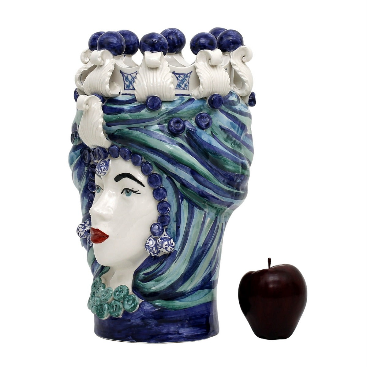 MICALE DI ARCIREALE: Deluxe Moorish Sicilian Head Vase - Woman Two Blue Tones Accents (Large)