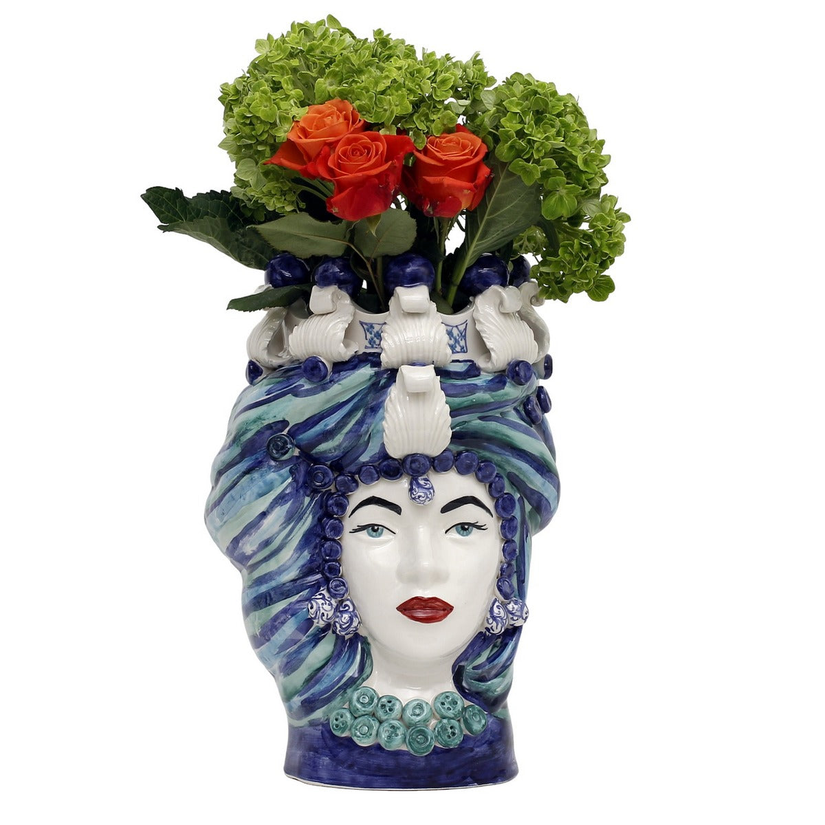 MICALE DI ARCIREALE: Deluxe Moorish Sicilian Head Vase - Woman Two Blue Tones Accents (Large)