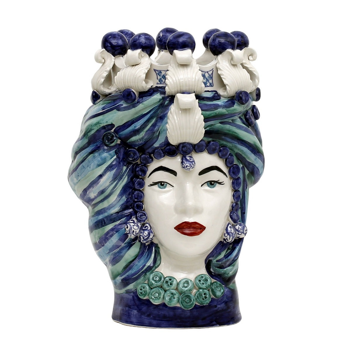 MICALE DI ARCIREALE: Deluxe Moorish Sicilian Head Vase - Woman Two Blue Tones Accents (Large)