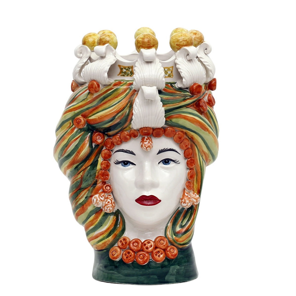 MICALE DI ARCIREALE: Deluxe Moorish Sicilian Head Vase - Woman Orange/Yellow/Green Tone Accents (Large)