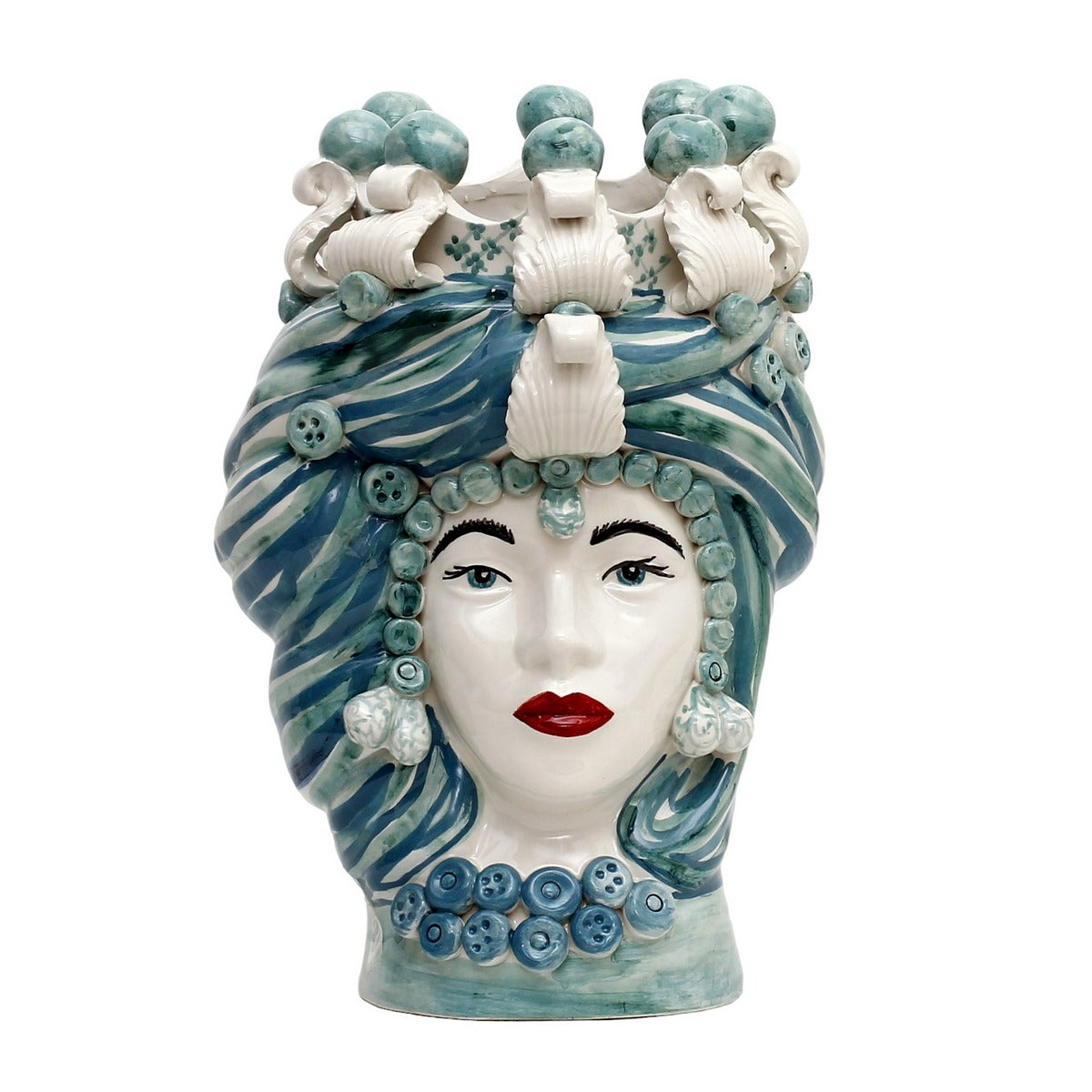 MICALE DI ARCIREALE: Deluxe Moorish Sicilian Head Vase - Woman Teal Tone Accents (Large)