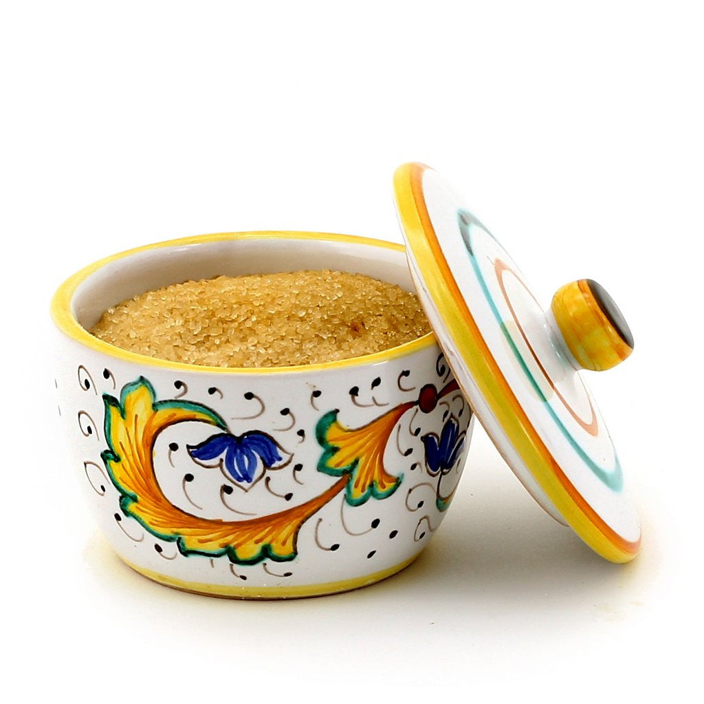 GIFT BOX: With authentic Deruta hand painted ceramic - Sugar Bowl with lid Perugino Design