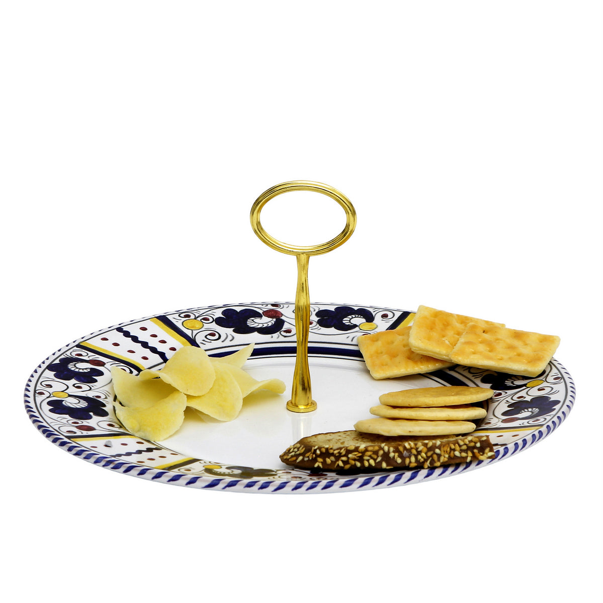 ORVIETO BLUE ROOSTER: Tid Bit Server Plate with Golden or Chrome Oval Metal Handle - artisticaitalian.com