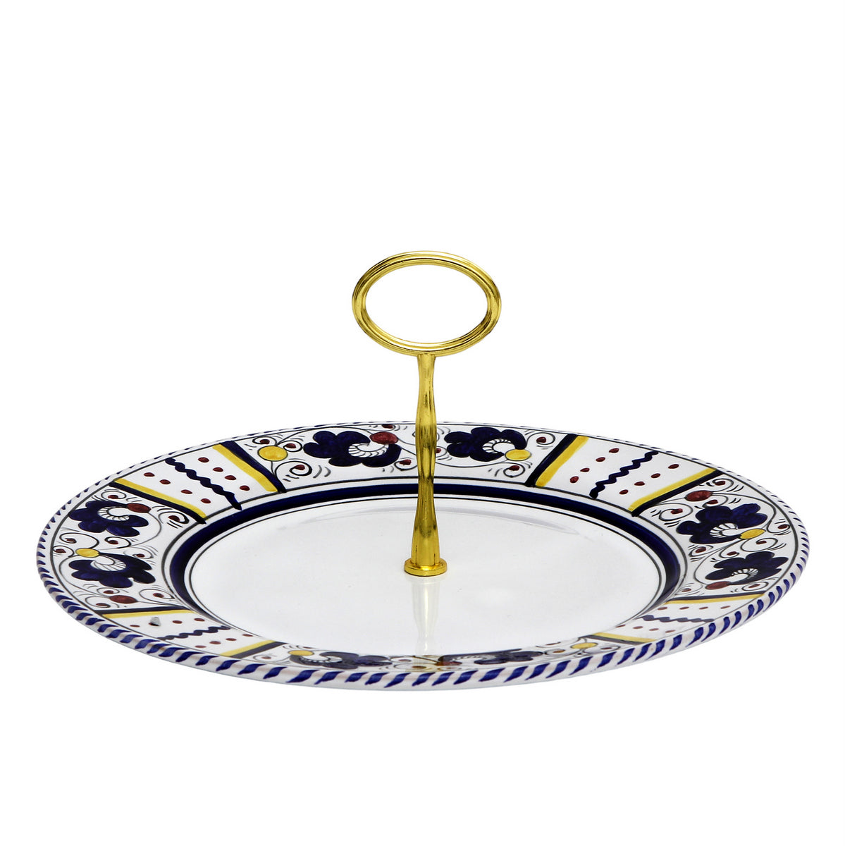 ORVIETO BLUE ROOSTER: Tid Bit Server Plate with Golden or Chrome Oval Metal Handle - artisticaitalian.com