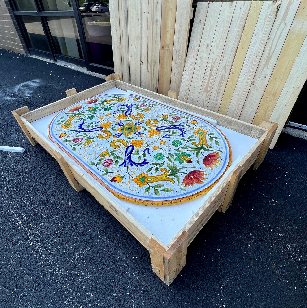 CERAMIC STONE TABLE + IRON BASE: PISA Design^ - Hand Painted in Deruta, Italy.