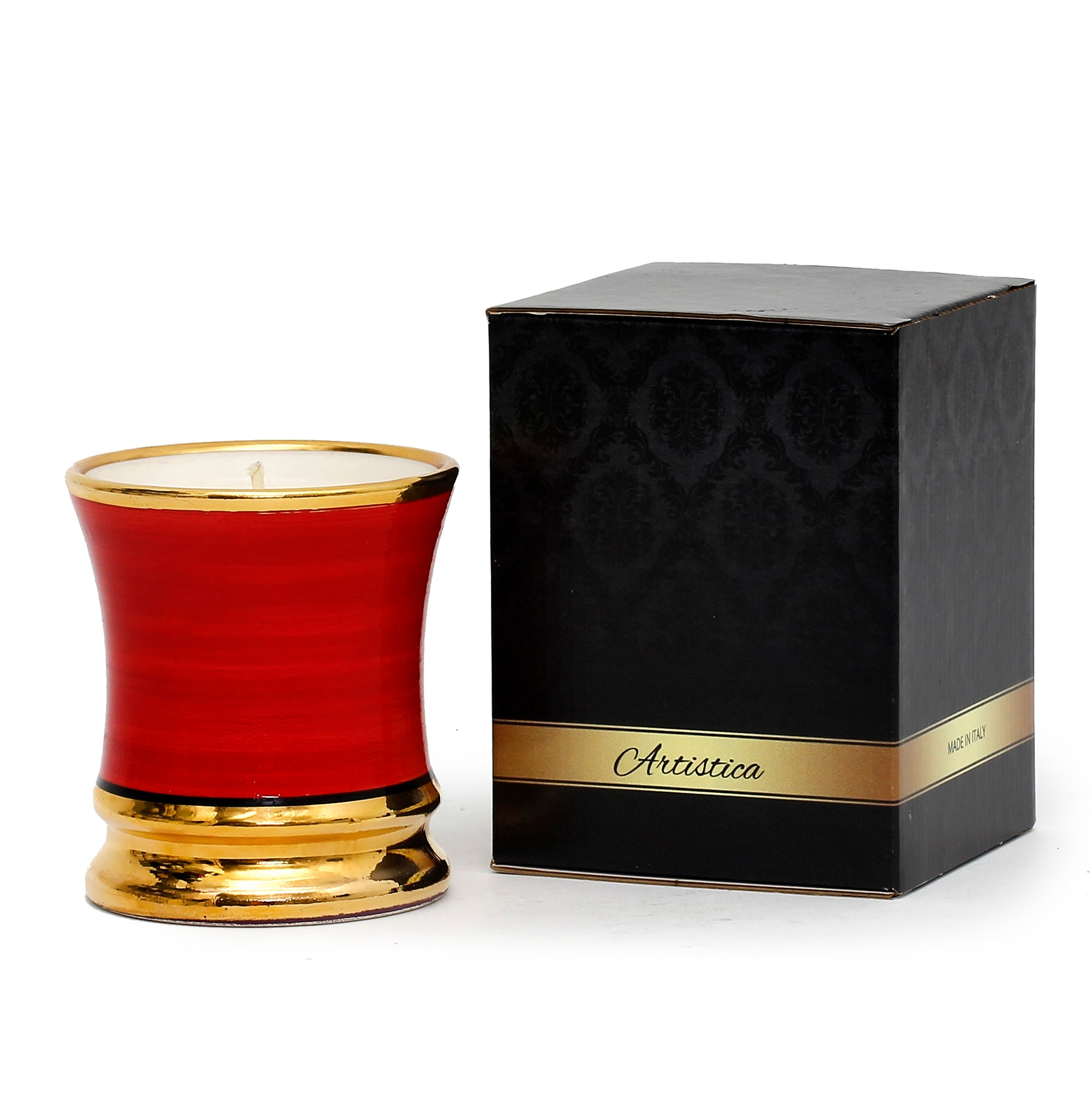 DERUTA CANDLES: Napoli TOMATO LEAF Scented Candle - Deluxe Precious Cup Coloris Red Design with Pure Gold Rim (10 Oz) - artisticaitalian.com