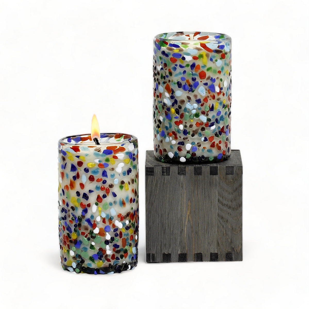 HOLIDAYS MURANO CANDLE: Murano Murrina Style Glass Tall Tumbler (14 Oz.) - SET of TWO