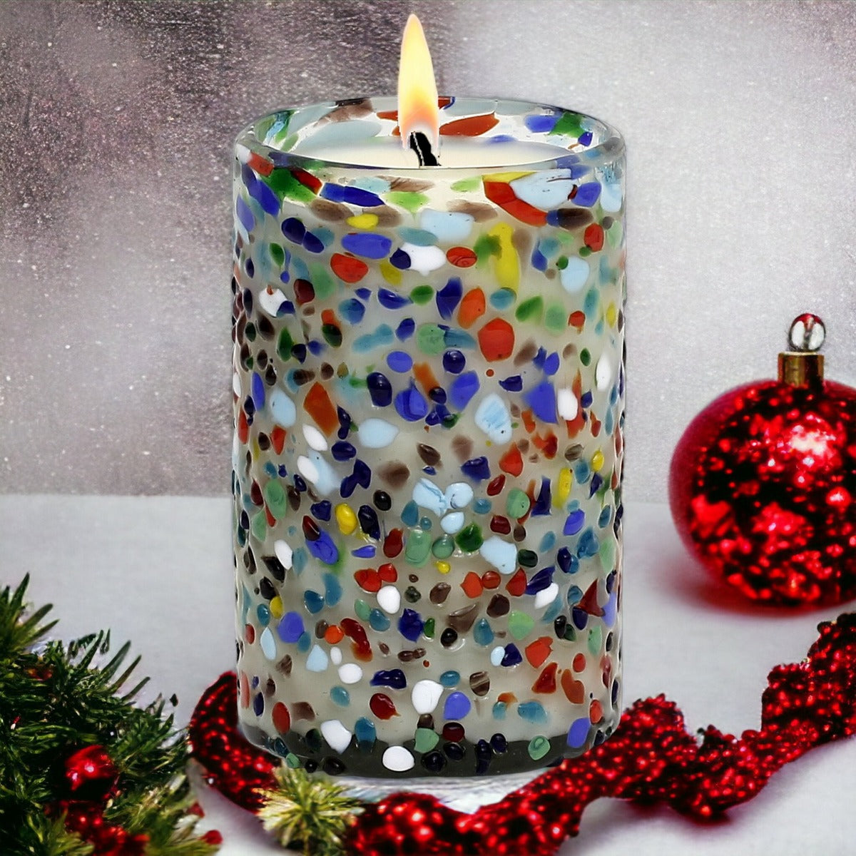 HOLIDAYS MURANO CANDLE: Murano Murrina Style Glass Tall Tumbler (Tall 14 Oz.)