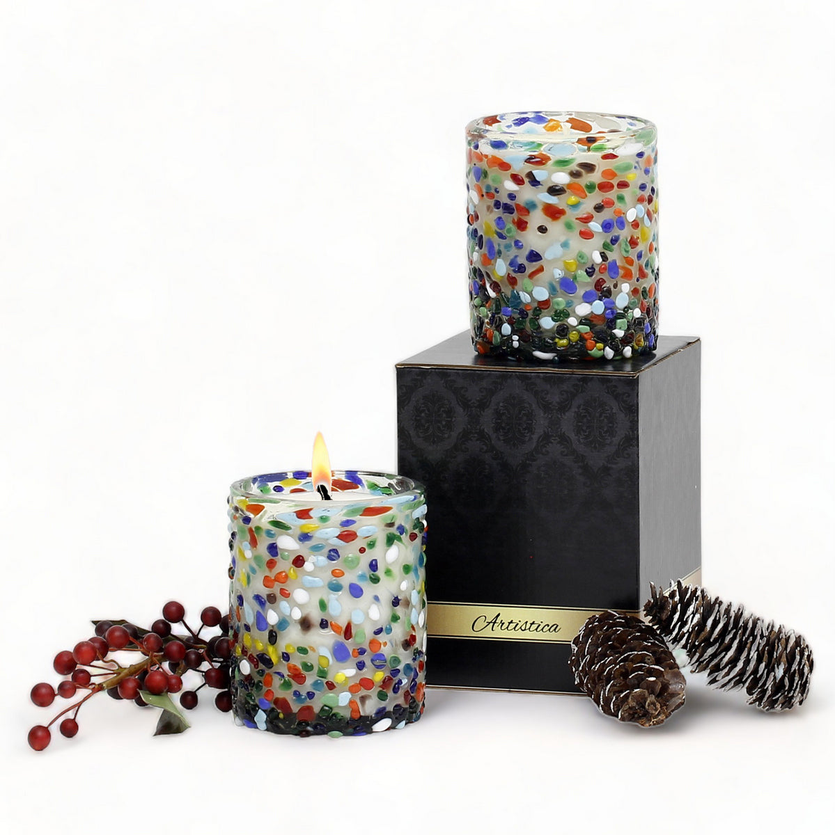 HOLIDAYS MURANO CANDLE: Murano Murrina Style Glass Tumbler (10 Oz.) - SET of TWO