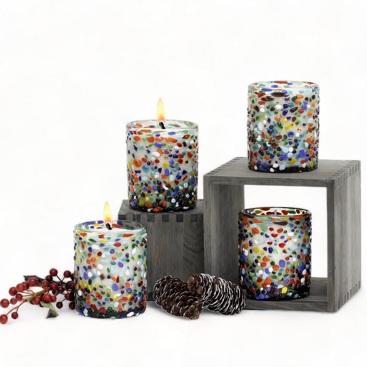 HOLIDAYS MURANO CANDLE: Murano Murrina Style Glass Tumbler (10 Oz.) - SET of FOUR