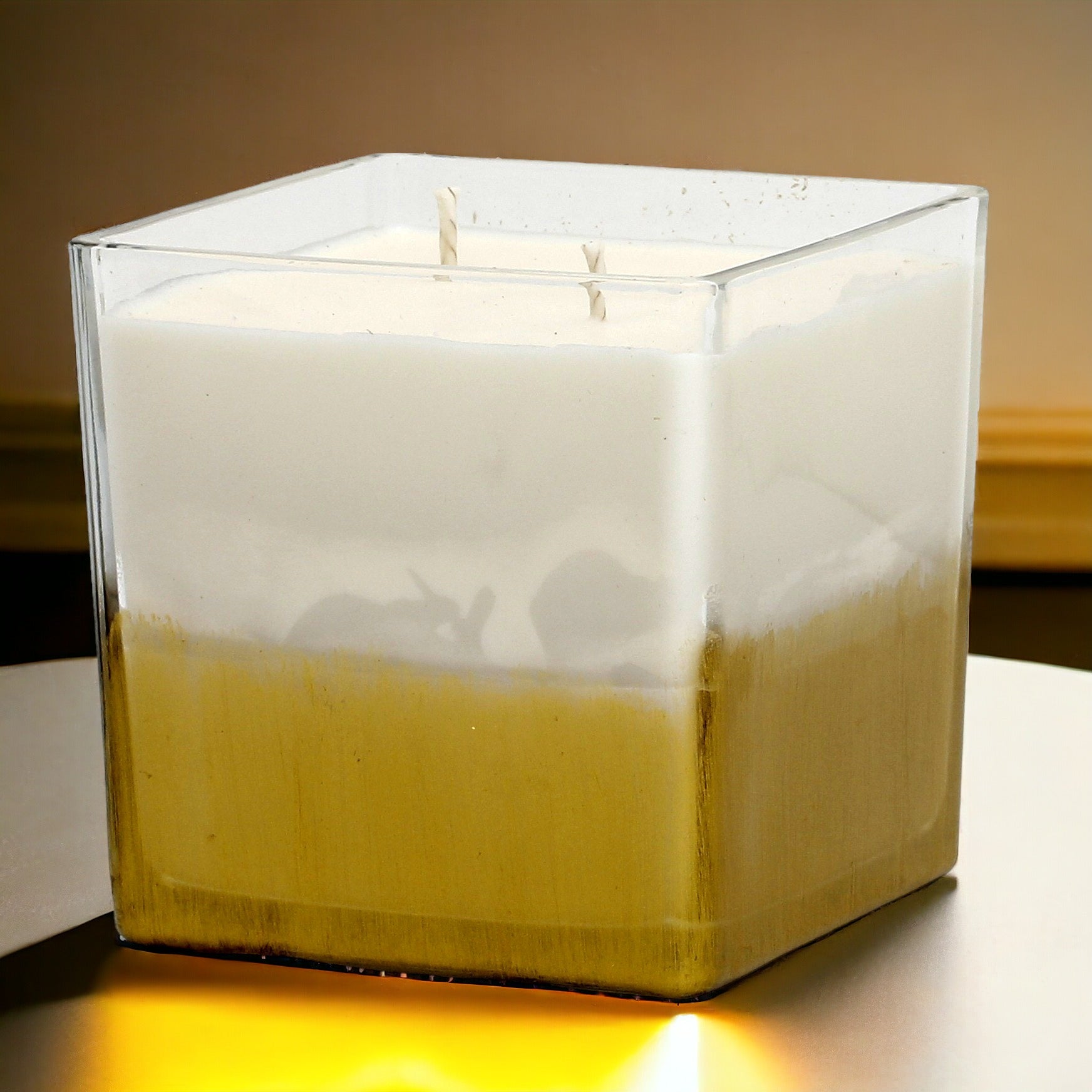 GILDED: Soy Wax Candle with hand painted gold accent. Large square thick glass container