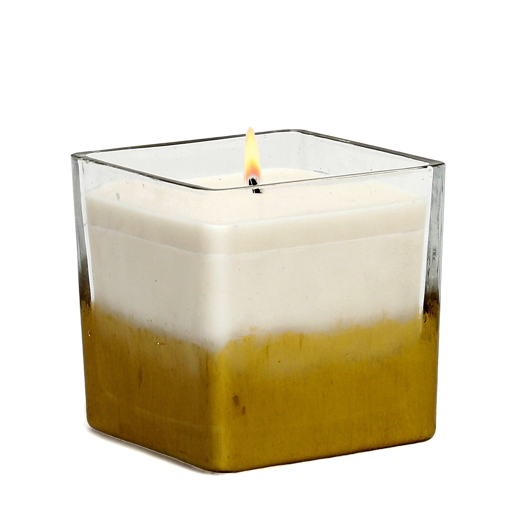 GILDED: Soy Wax Candle with hand painted gold accent. Medium square thick glass container