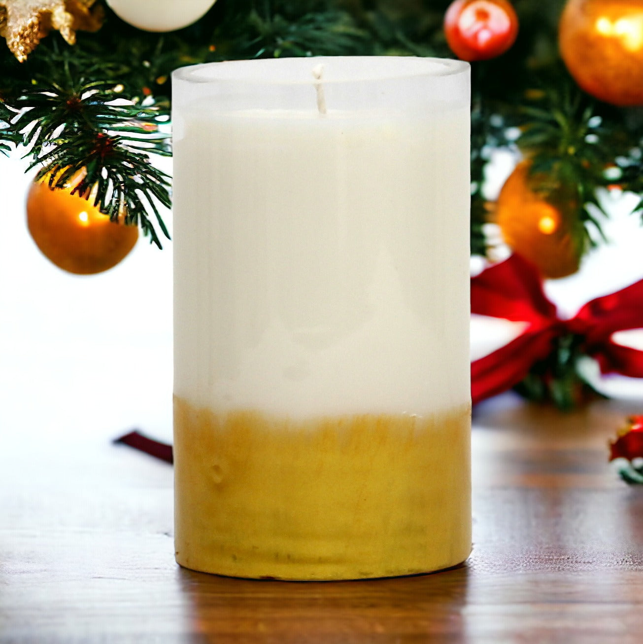 GILDED: Soy Wax Candle with hand painted gold accent. Medium Tall round thick glass container