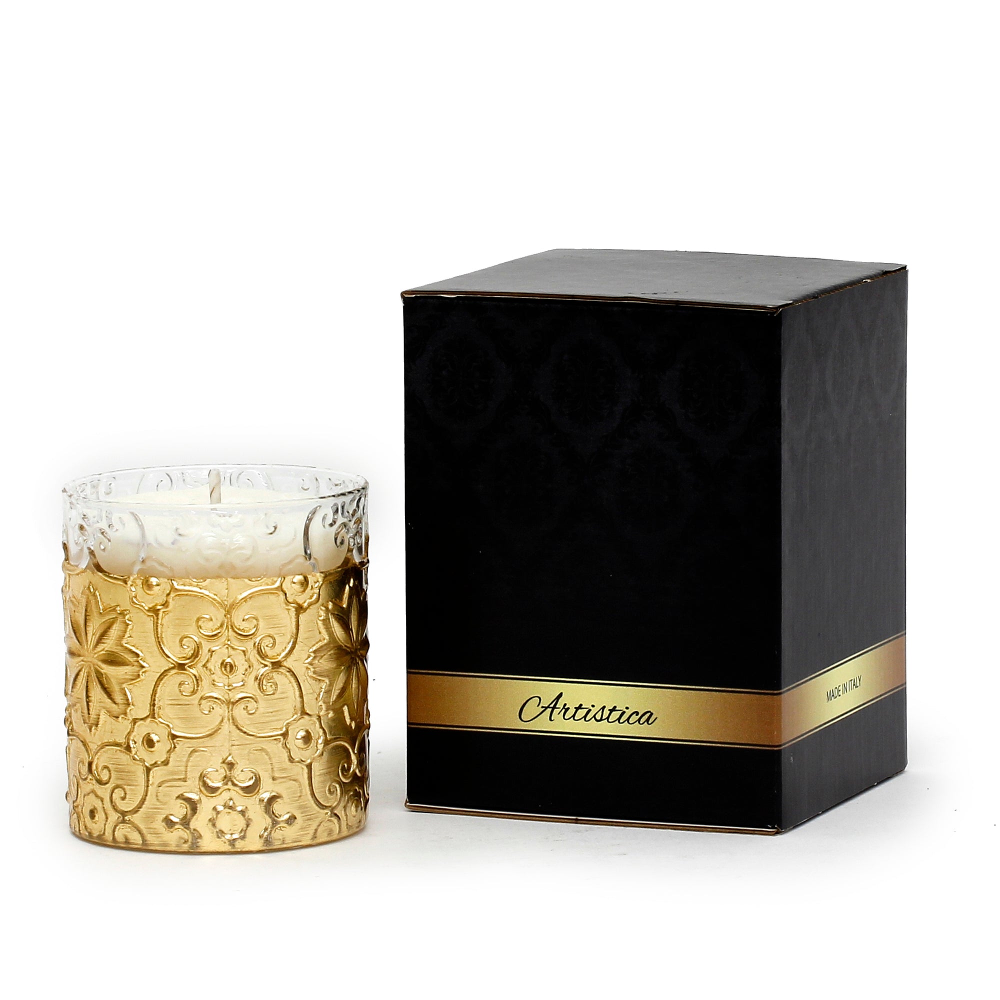 CRYSTAL CANDLES: Bass relief Design with Gold Leaf finish ~ (10 Oz)