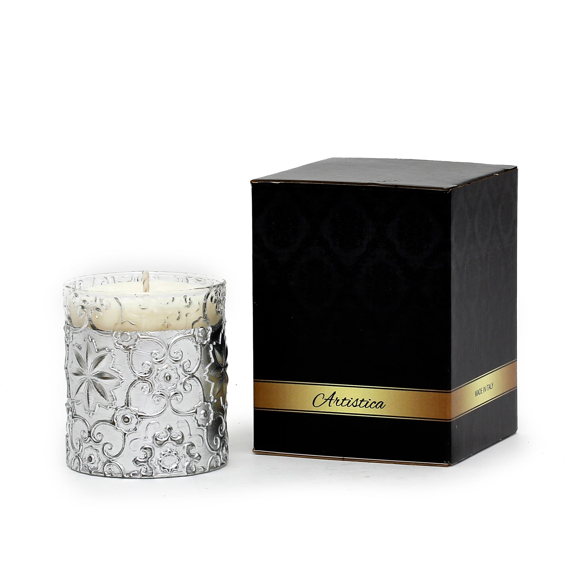 CRYSTAL CANDLES: Bass relief Design with Silver Leaf finish ~ (10 Oz) - artisticaitalian.com