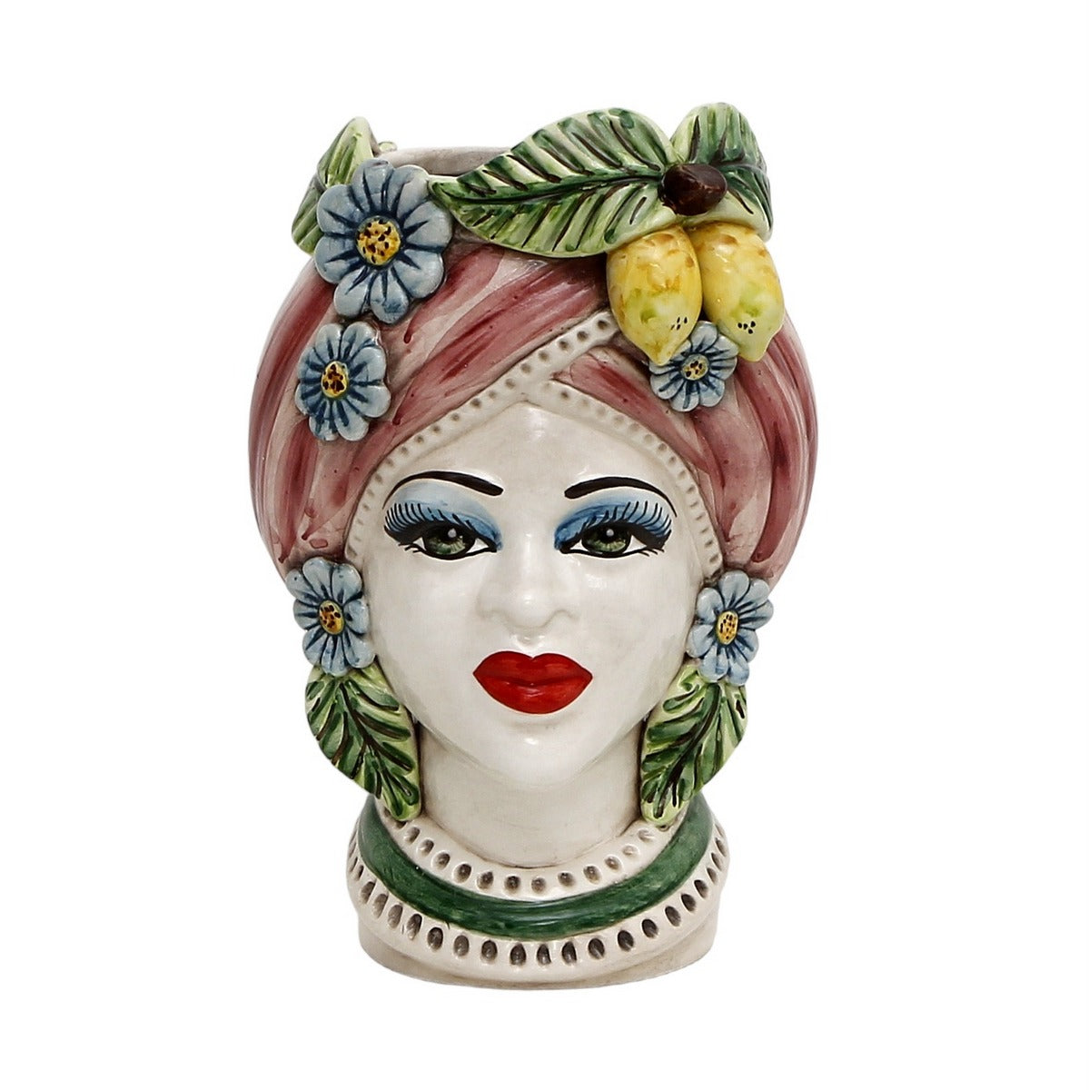 CALTAGIRONE: Sicilian Moorish Head Vase - Woman with Pink Turban + Lemons (Medium 11" H.)