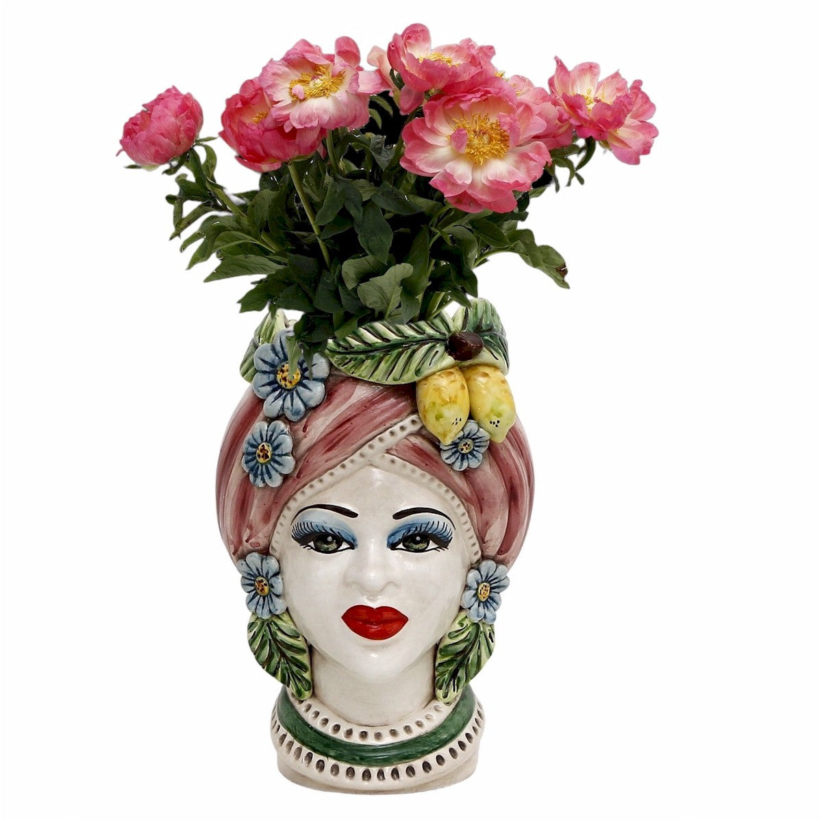 CALTAGIRONE: Sicilian Moorish Head Vase - Woman with Pink Turban + Lemons (Medium 11" H.)