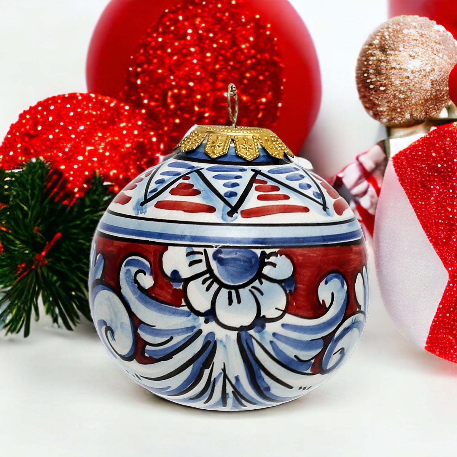 CHRISTMAS ORNAMENT: Caltagirone Round Ball (3.25" Ø) - BURGUNDY