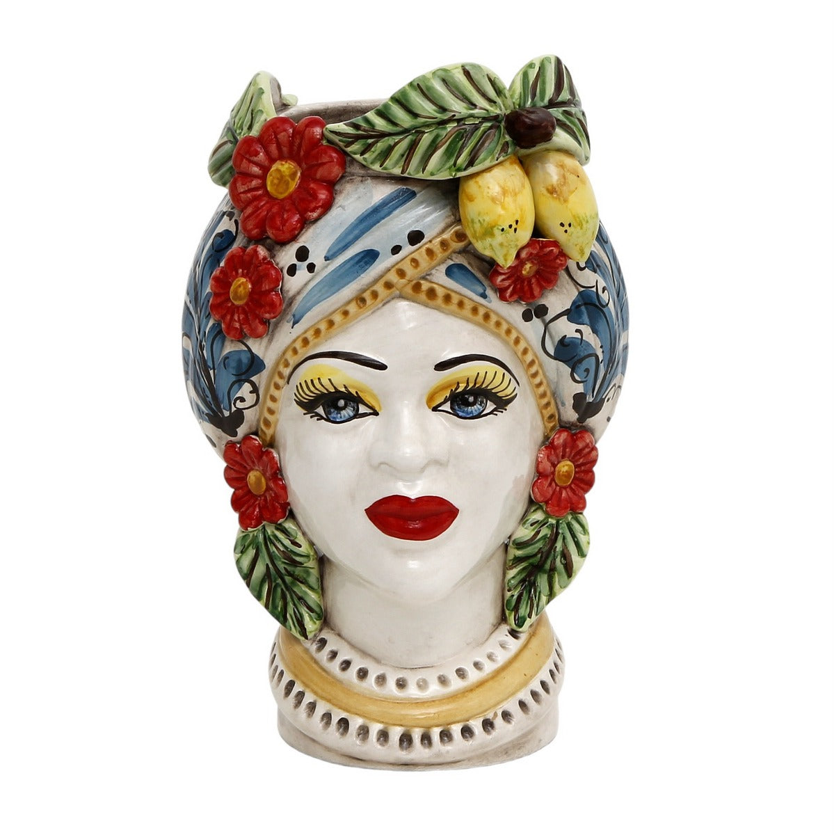 CALTAGIRONE: Sicilian Moorish Head Vase - Woman with Baroque Turban Flowers+Lemons (Medium 11&quot; H.)